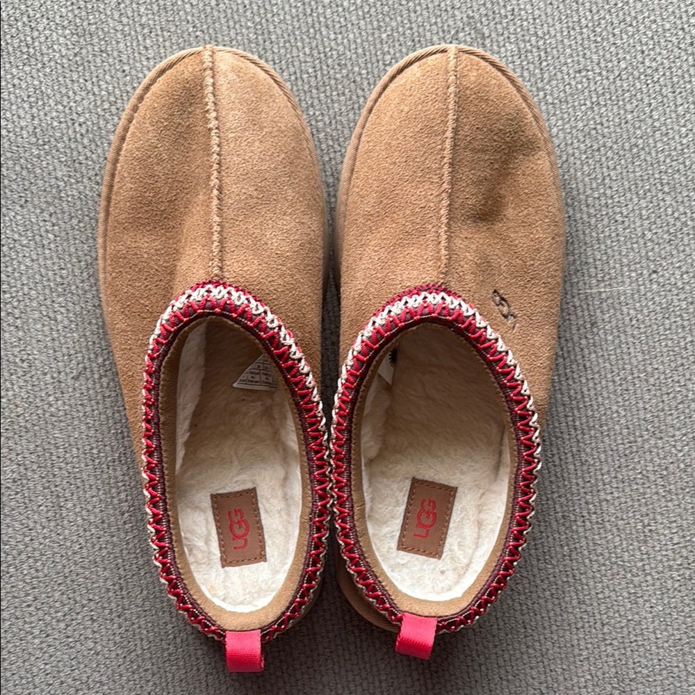 UGG Brown Suede Slippers with Red Accent